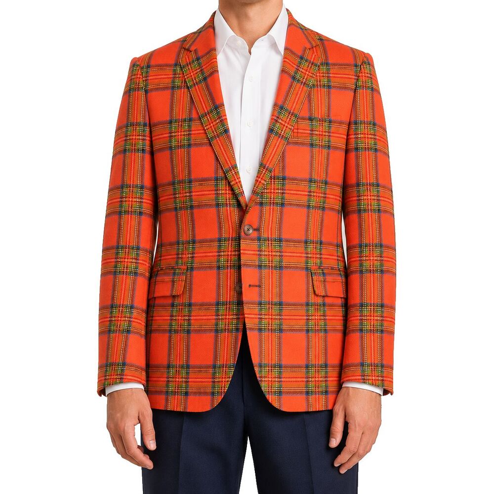 Mens Tweed Wool Blazer 44R Orange Green Tartan Plaid Sport Coat Jacket Preppy